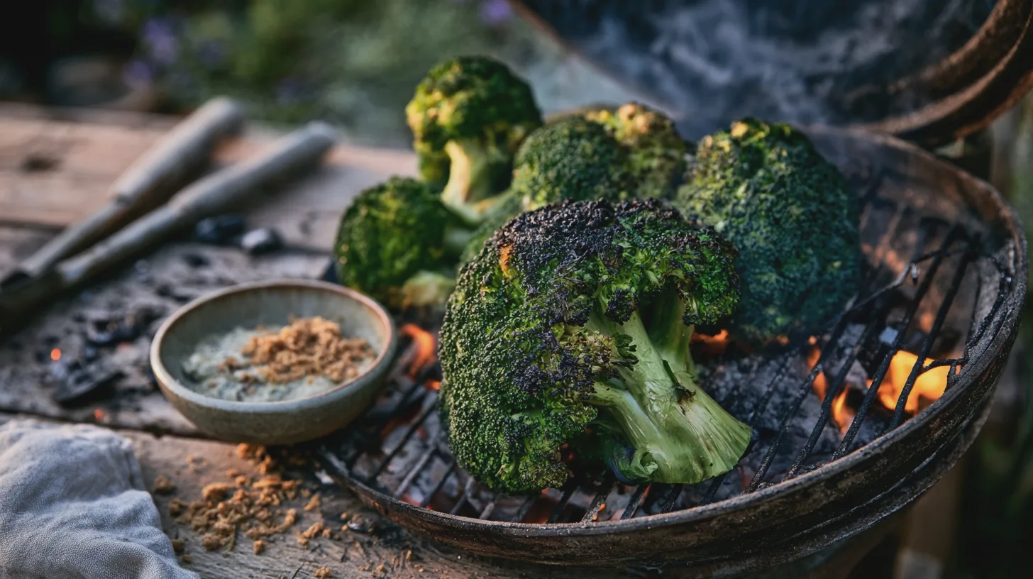 Broccoli grillas över öppen eld på ett rustikt galler, med kryddskål och grillredskap bredvid, grillad broccoli, utomhusmatlagning, barbecue, grönsaker