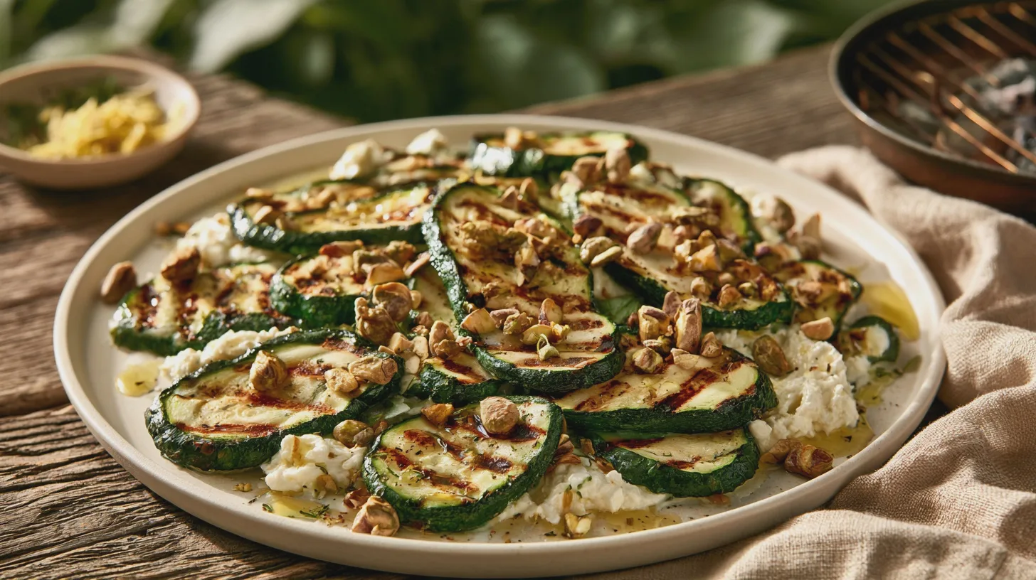 grillad-zucchini-ricotta-citron-pistage Rökig zucchini, len citronricotta och knapriga pistagenötter gör en enkel grillsida till sommarens mest aptitretande överraskning. Här är knepen som ger fin grillyta utan sladdriga skivor.