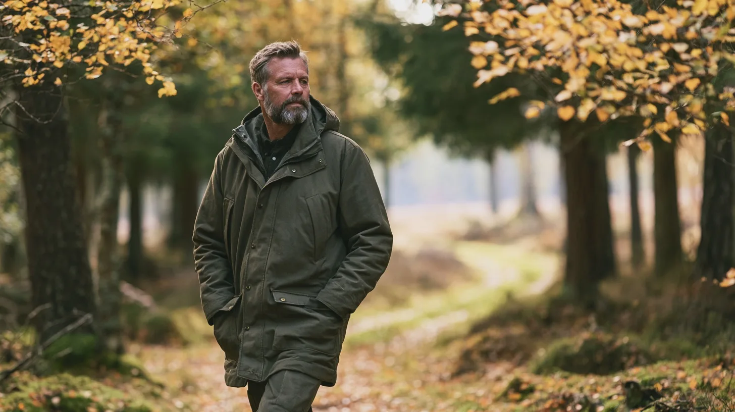 Skäggig man promenerar på en skogsstig i höstfärgad lövskog, iförd mörkgrön jacka, höstpromenad, skogsvandring, natur, friluftsliv