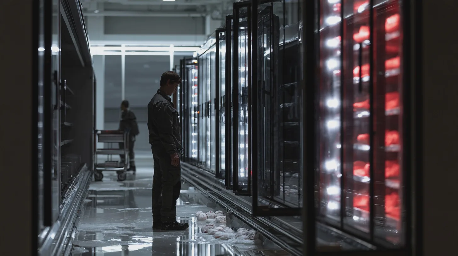 Person står i en mörk serverhall med öppna rackskåp och vatten på golvet, datacenter, servrar, tekniker, översvämning, IT-infrastruktur