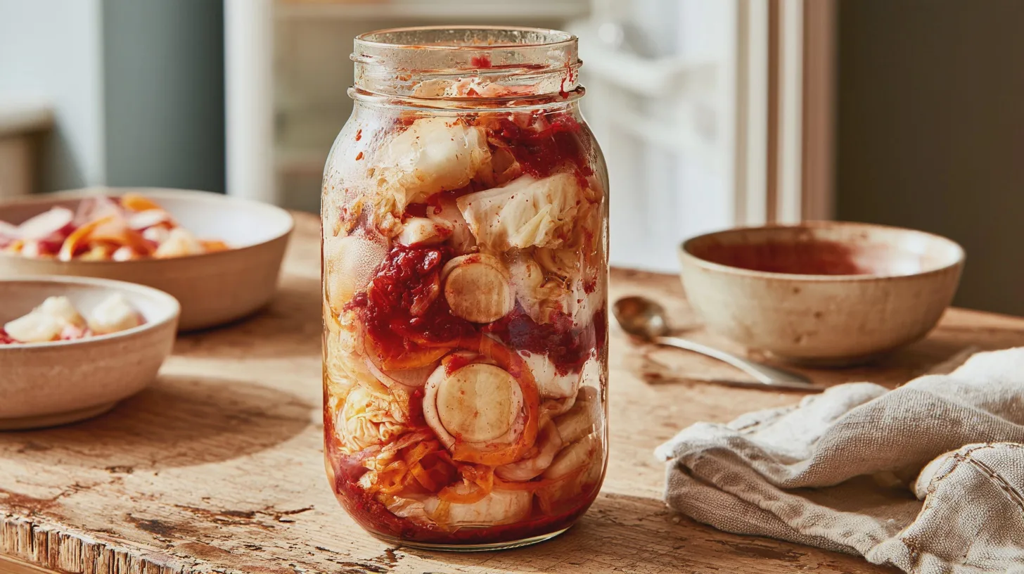 Glasburk med hemgjord kimchi och fermenterade grönsaker på träbord, koreansk mat, syrning, fermentering, kinakål, chili