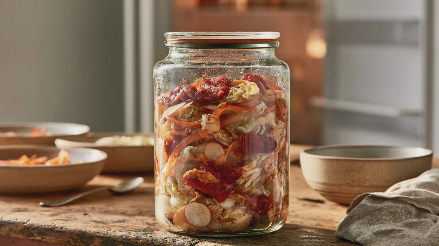 hemgjord-kimchi-pa-en-kvall Gör en smakrik kimchi med kinakål, rädisor, morot och sriracha. Den kan serveras direkt eller få jäsa över natten – och blir bara godare i kylskåpet.
