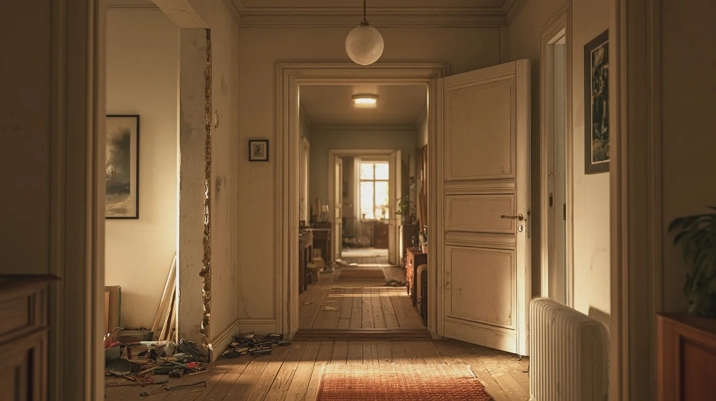 Lång korridor i äldre lägenhet med öppna dörrar, trägolv och varmt solljus, renoveringsmaterial, trasig vägg och element; sekelskiftesinteriör, hall, renovering, bostadinteriör, dagsljus