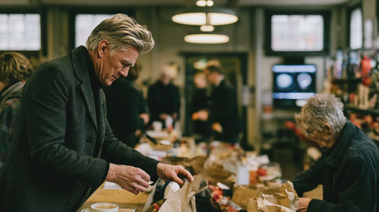 Äldre personer packar upp mat vid ett cafébord, kafémiljö, papperspåsar, gemensam måltid, äldre människor, inomhusservering