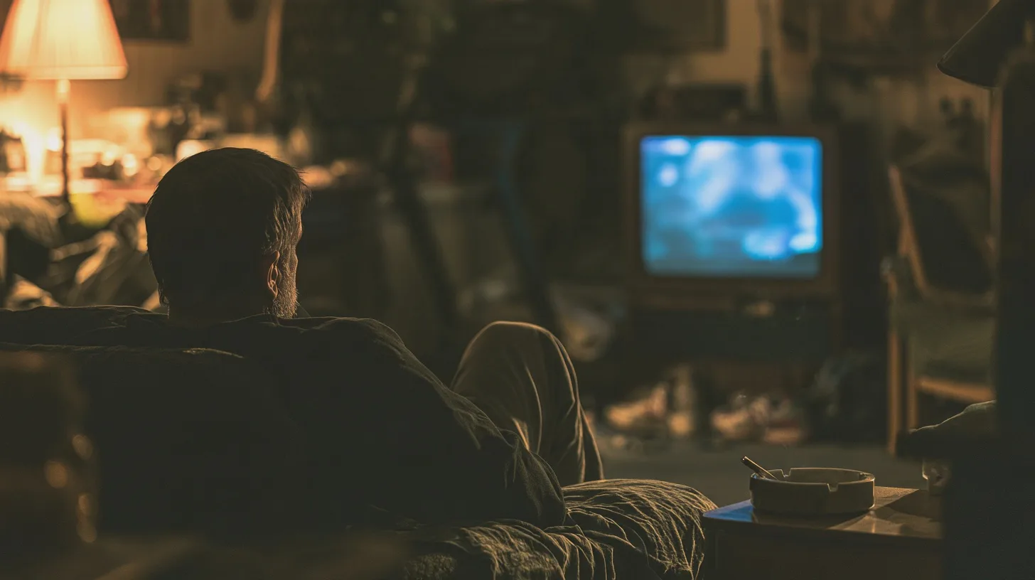 Person sitter i en soffa och tittar på TV i ett dunkelt vardagsrum, kvällsbelysning, hemmakväll, television, vardagsrum