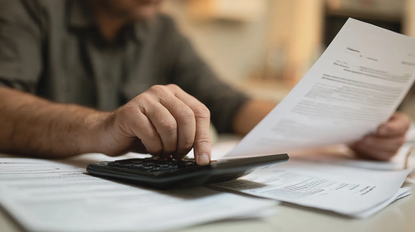 Person räknar på ekonomiska dokument med kalkylator, skattepapper, fakturor, privatekonomi, budgetering, ekonomisk planering