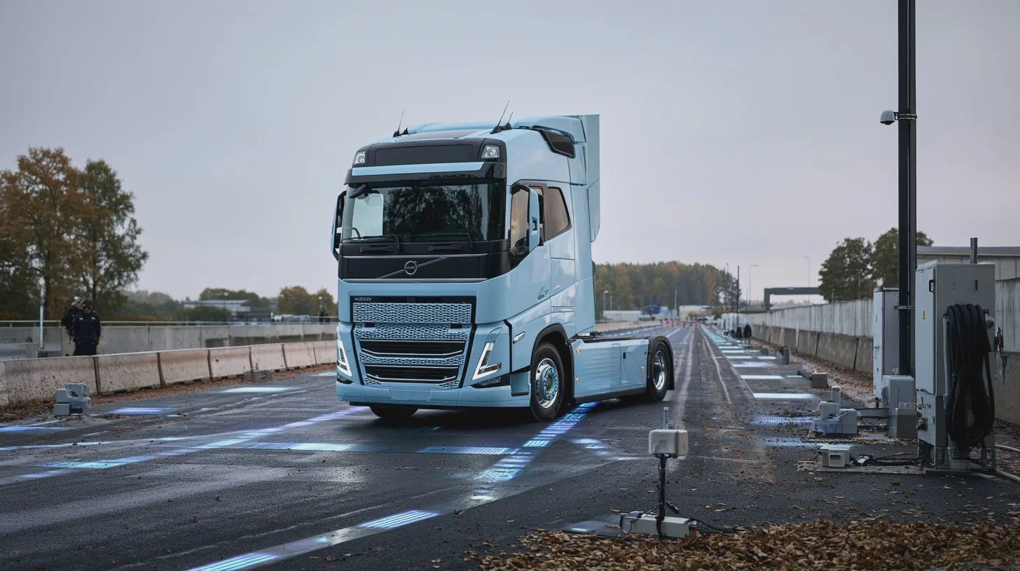 Ljusblå Volvo-lastbil på våt testbana, tung lastbil, lastbilshytt, fordonsprovning, vägtest, höstmiljö