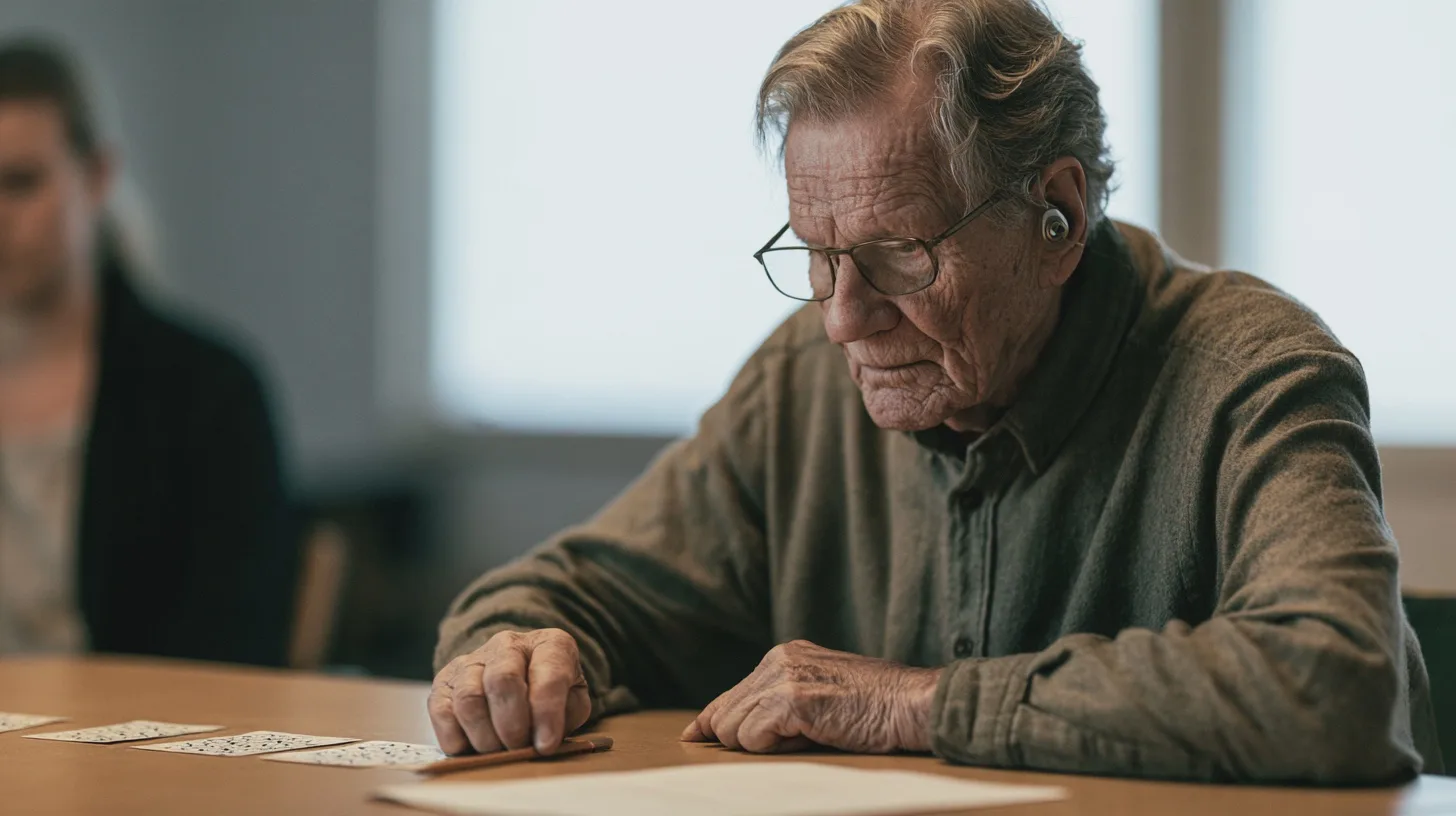 Äldre man spelar kort vid bord med hörselapparat, äldre person, kortspel, inomhusmiljö, koncentration, sällskapsspel