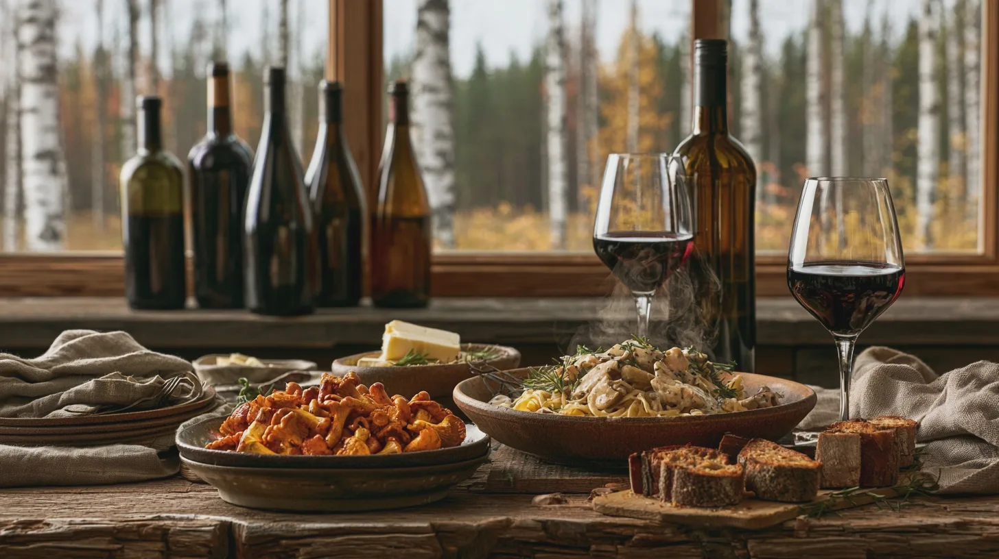 Mat: pasta, svamp, rödvin, smör, bröd, rustik miljö, tallrikar, skål, höstlandskap, samling av flaskor.