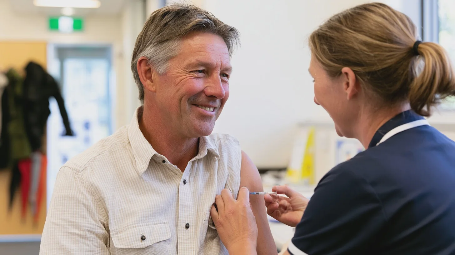 Vårdpersonal ger en man en vaccination i överarmen på en vårdcentral, injektion, vaccinering, hälsokontroll