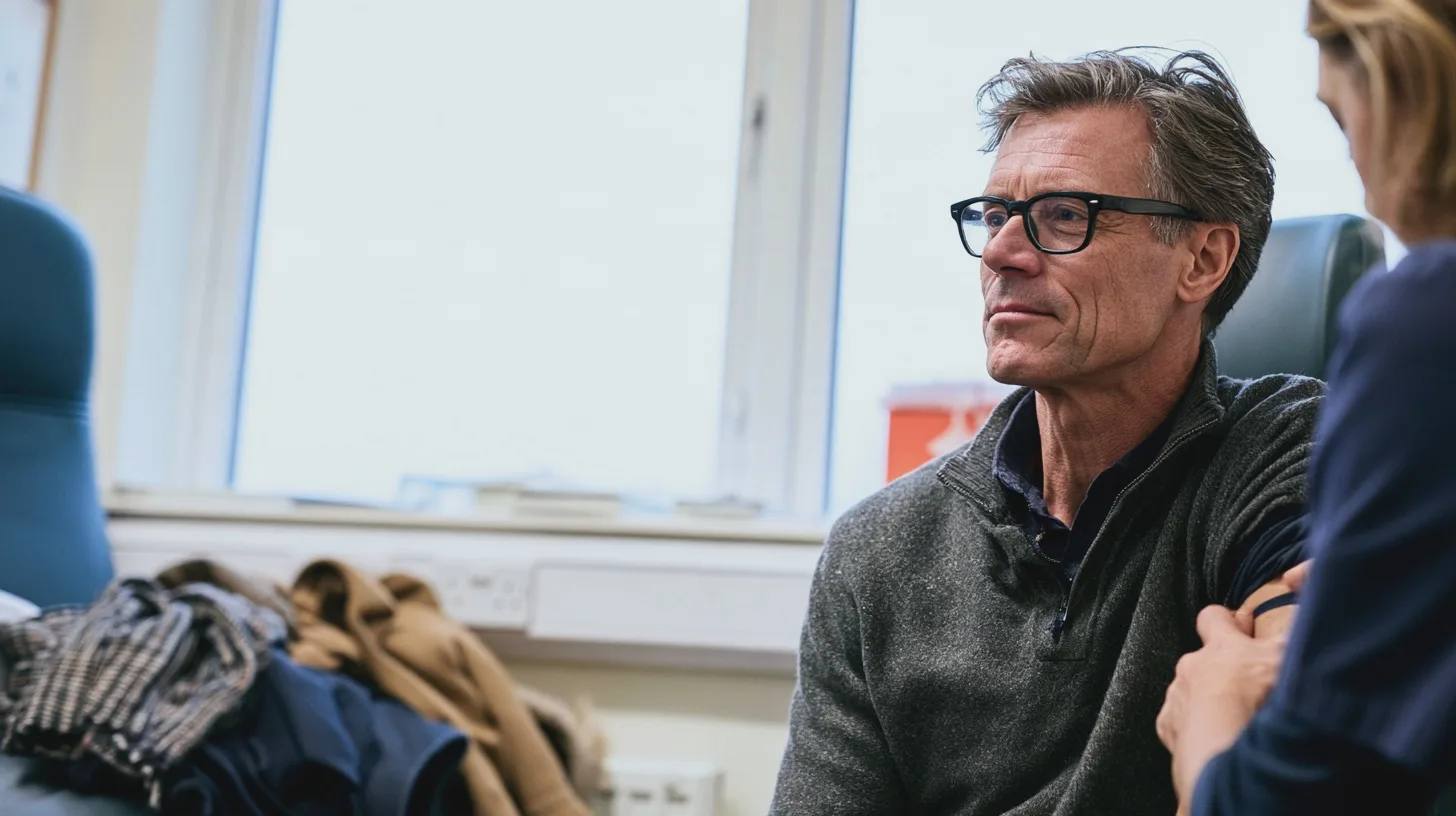 Man med glasögon sitter i vårdmiljö medan en annan person håller hans arm, medicinsk undersökning, vårdpersonal, klinik, samtal, väntrum