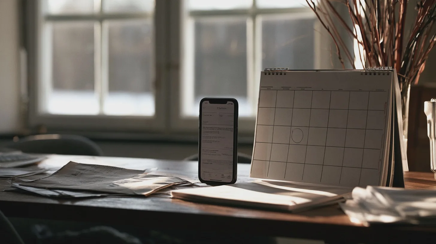 Arbetsbord med stående smartphone, skrivbordsalmanacka och utspridda papper i varmt fönsterljus, hemmakontor, planering, kalender, dokument