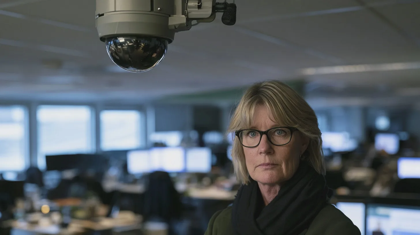 Kvinna med glasögon i övervakningscentral, säkerhetskamera i taket, datorskärmar, kontorsmiljö, säkerhetsövervakning, kontrollrum
