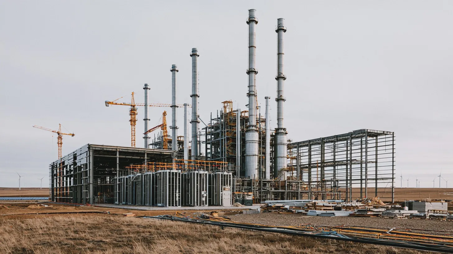 Industrikomplex under uppbyggnad med höga skorstenar och byggkranar i öppet landskap, vindkraftverk, fabriksbygge, industribyggnad, energianläggning, konstruktion