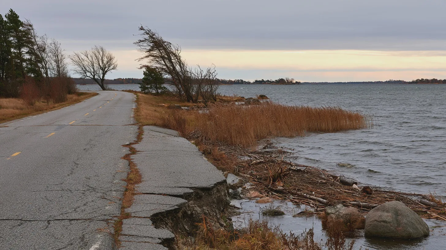 Asfalterad kustväg med sprucken vägbana löper längs vågigt hav och eroderad strandkant, kustväg, erosionsskador, vass, hav, stormigt landskap