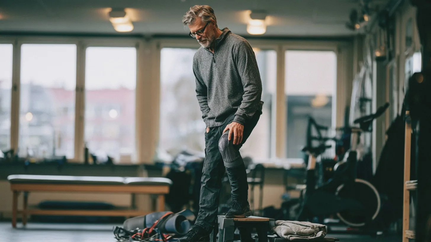 En man med knäskydd står på en träningsbänk i ett gym, knäskydd, träningsbänk, rehabilitering, träningsutrustning