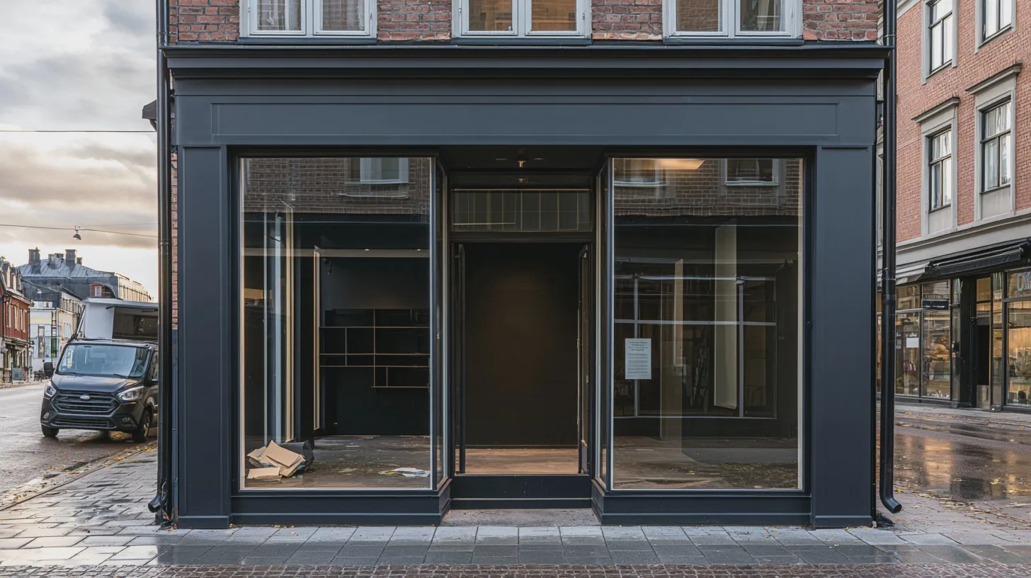 Tom butikslokal med mörk fasad och stora skyltfönster på regnig stadsgata, tegelhus, trottoar, skåpbil, kommersiell fastighet, ledig butikslokal