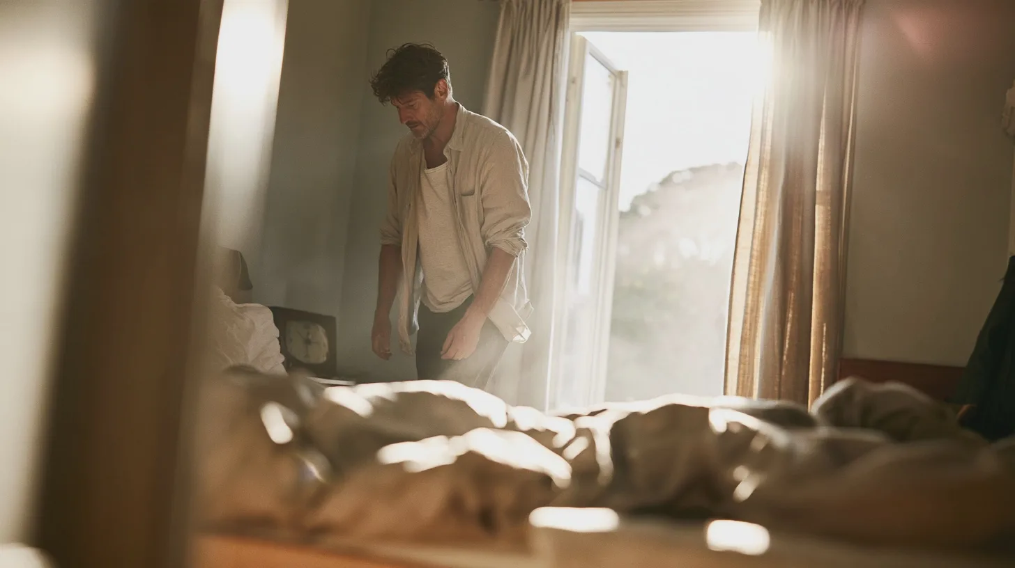 Man står i ett sovrum bredvid en obäddad säng i varmt morgonljus, sovrum, säng, fönster, morgonljus, hemmiljö