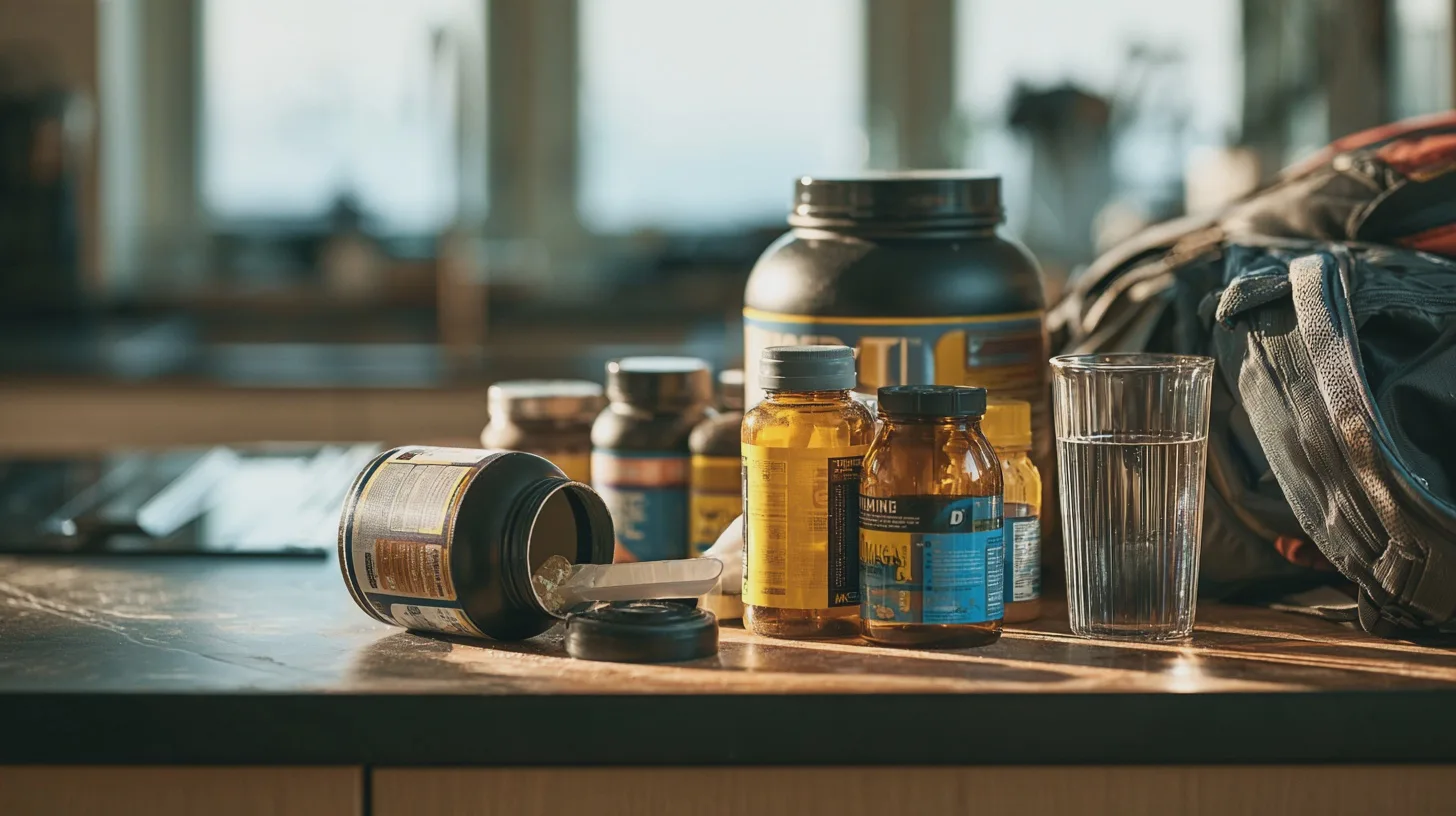 Kosttillskott och vitaminburkar står bredvid ett glas vatten och en träningsväska på en köksbänk, sportnäring, vitaminer, återhämtning, gymutrustning