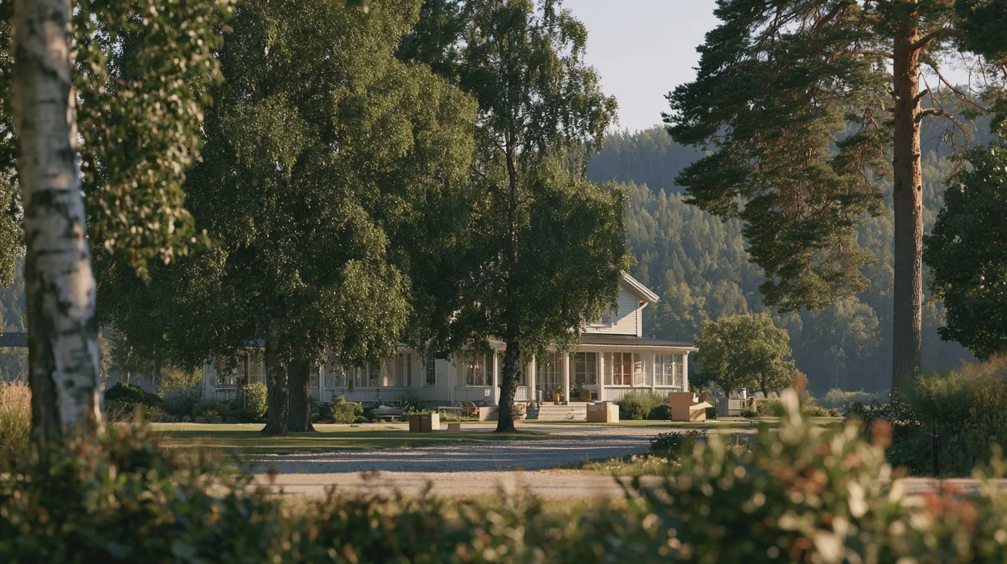 Vit trävilla i lantlig miljö omgiven av björkar, tallar och skogklädda kullar, veranda, grusväg, svensk natur, landsbygd