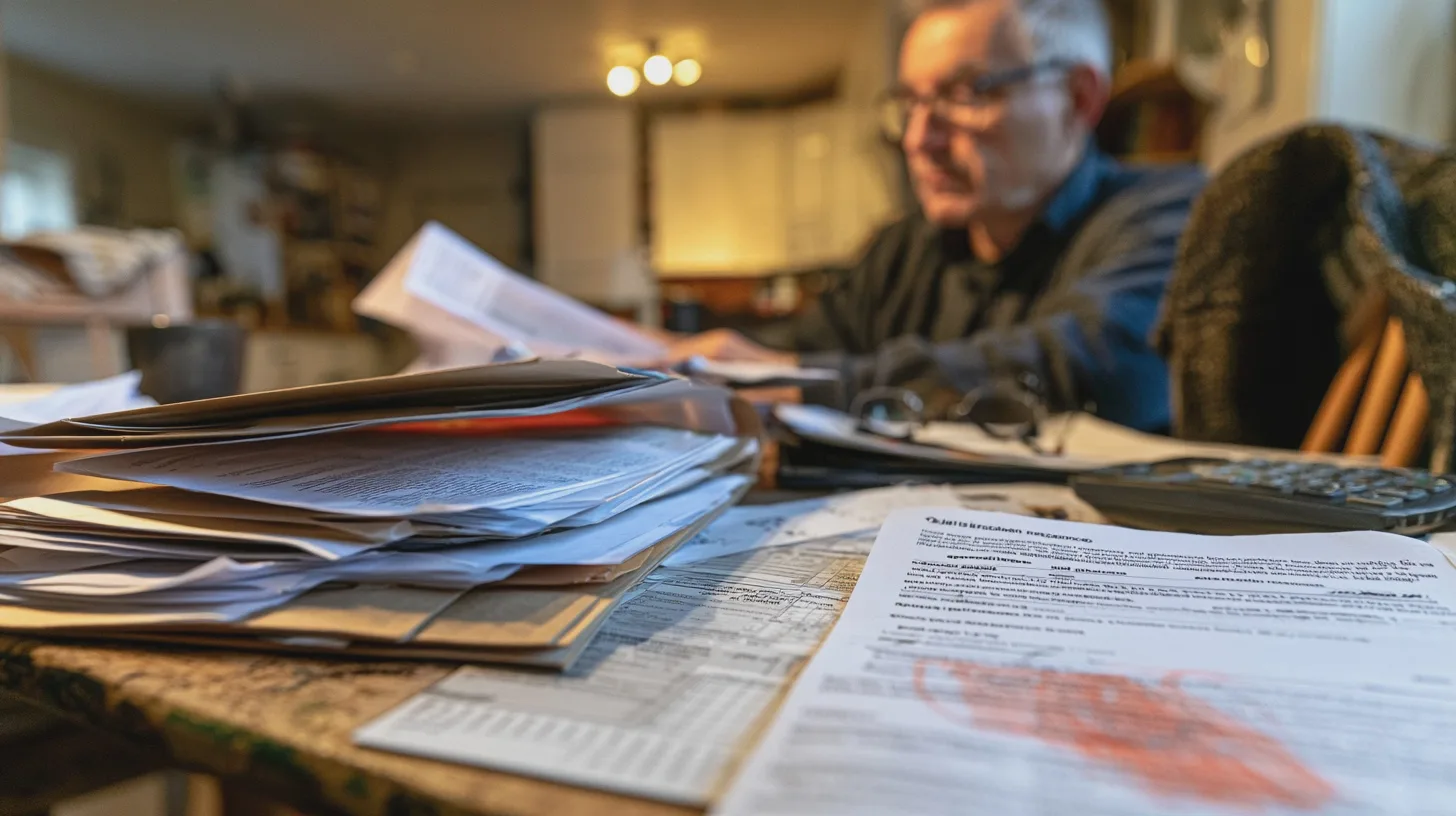 Person läser dokument vid ett köksbord, omgiven av pappershögar och miniräknare, ekonomiadministration, räkningar, hemarbete, skrivbord, blanketter