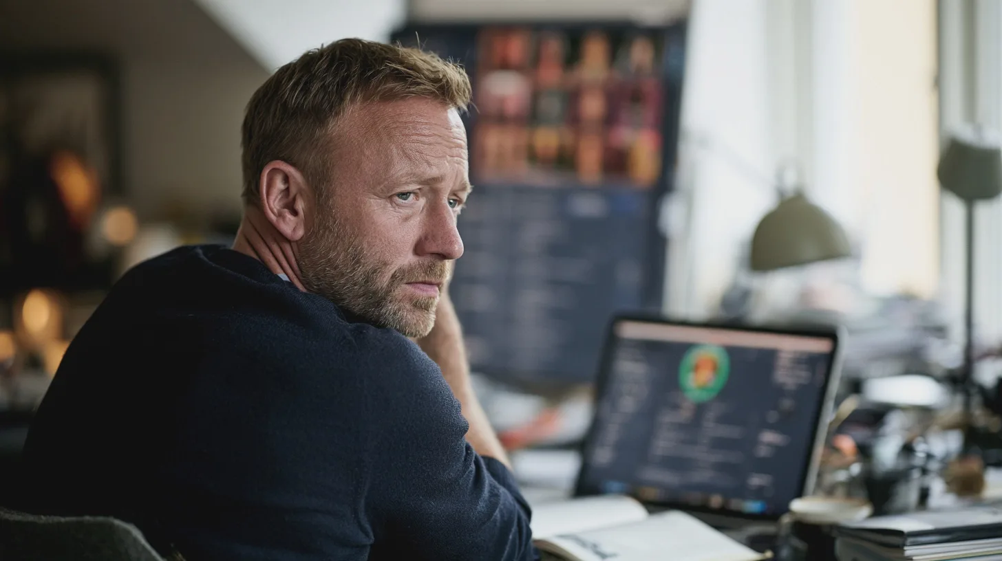 Skäggig man sitter vid skrivbord och ser mot kameran, laptop och skrivbordslampa i bakgrunden, hemmakontor, distansarbete, dator, arbetsplats