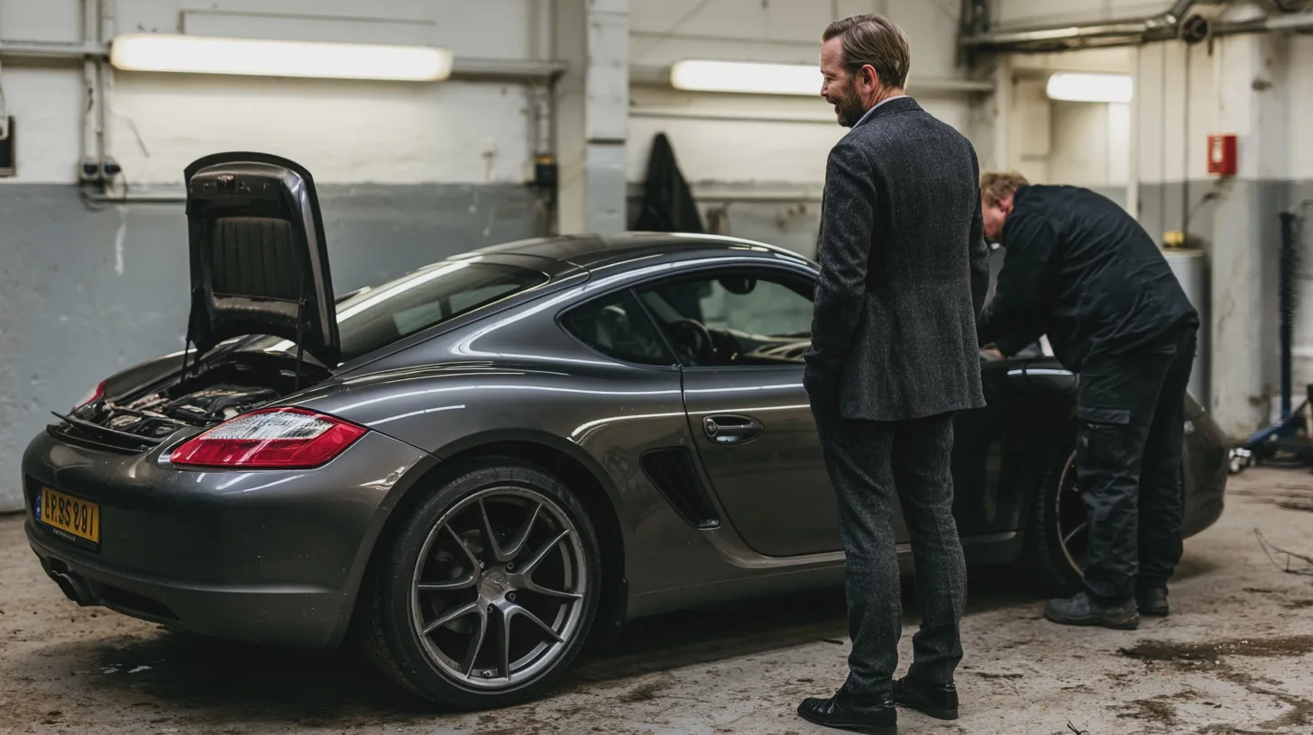 Två män undersöker en mörk sportbil i en bilverkstad, Porsche Cayman, bilreparation, öppet bagageutrymme, fordonsservice, garage, mekanikerarbete