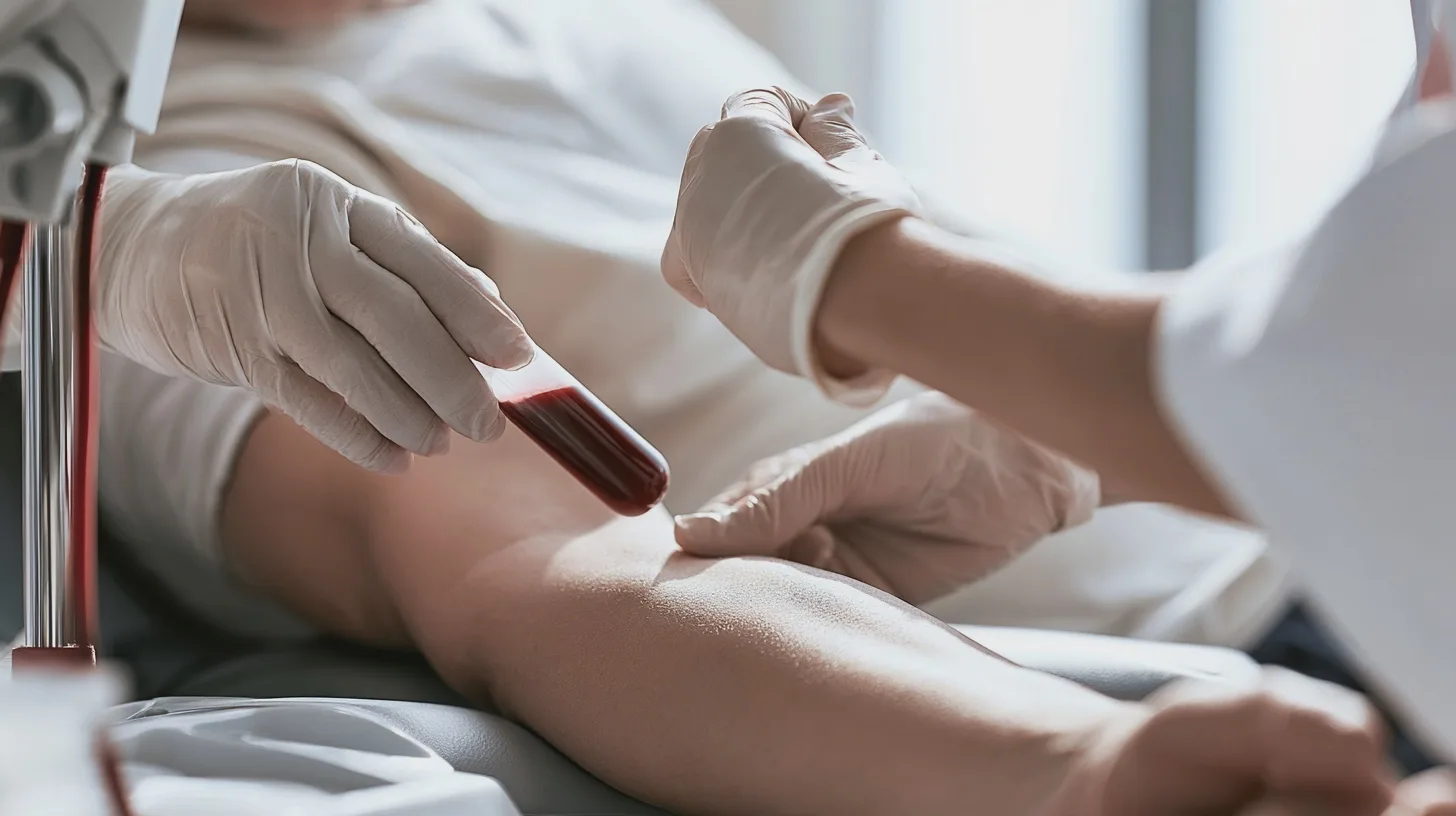Vårdpersonal hanterar blodprov från patientens arm på klinik, blodprovstagning, provrör, medicinsk undersökning, handskar