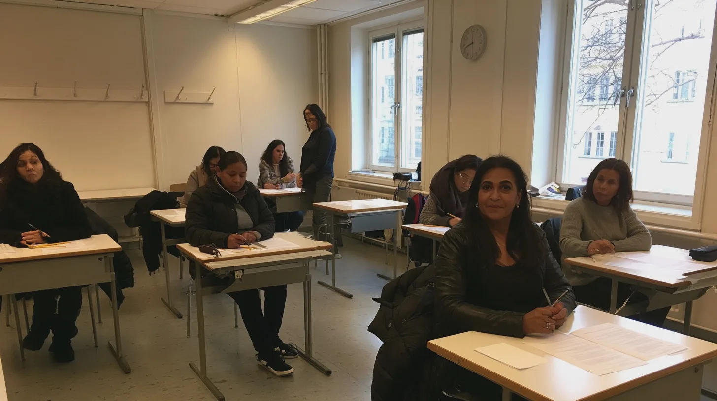 Vuxna elever skriver vid skolbänkar i ett klassrum, vuxenutbildning, undervisning, skrivövning, studenter, skolmiljö