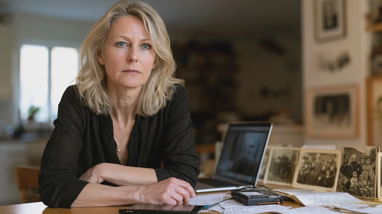 Kvinna sitter vid bord med laptop, gamla fotografier och handskrivna dokument i hemmet, släktforskning, familjealbum, arkivmaterial, minnen, inomhusmiljö