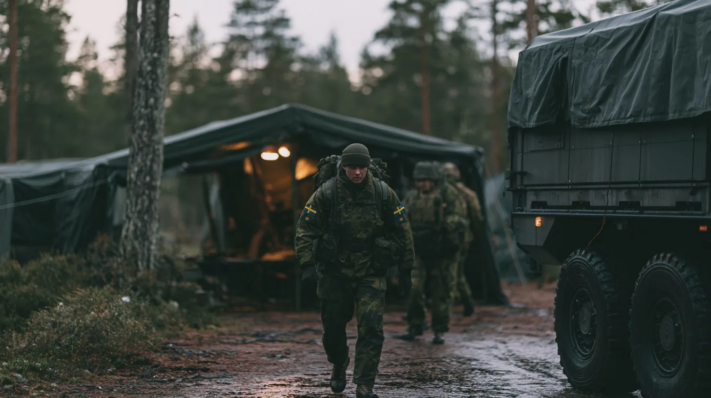 Svenska soldater i skogsläger framför militära tält och terrängfordon, svensk militär, fältläger, skog, kamouflageuniform, militärfordon