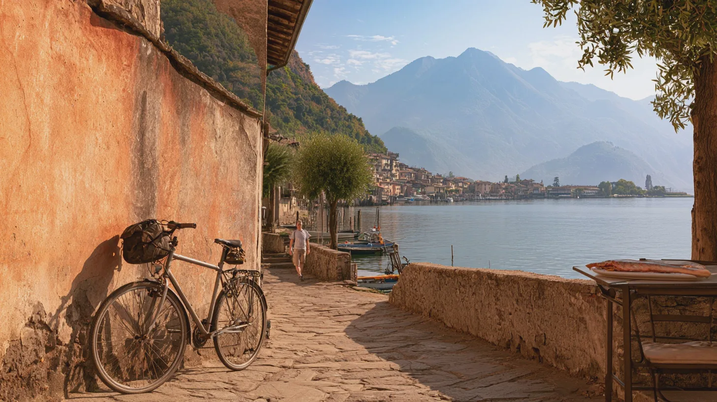 Cykel vid en stenlagd strandpromenad i italiensk by vid sjö, med båtar, vandrare och dramatiska alper i bakgrunden, sjöby, cykel, alplandskap, båtar