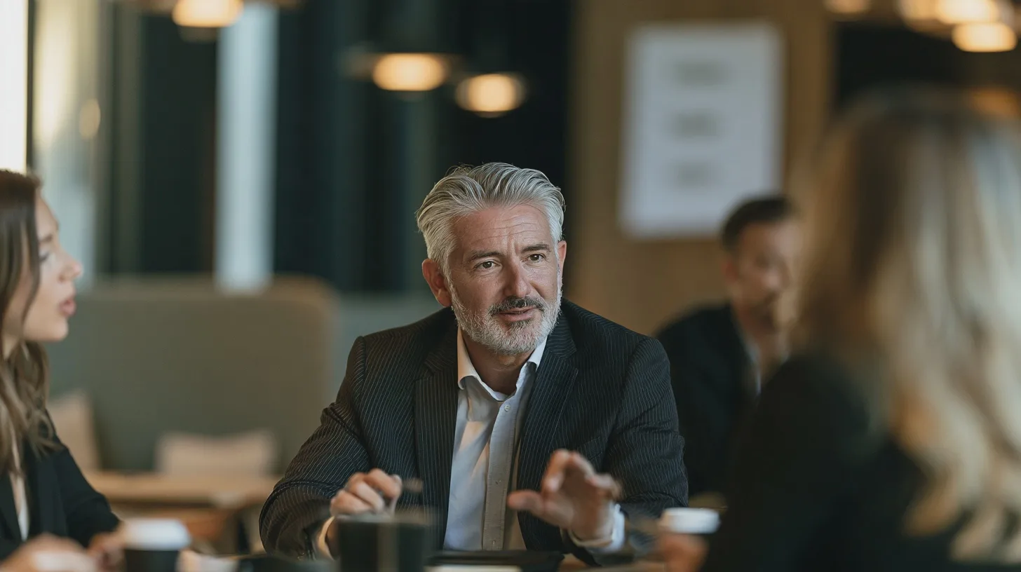 Silverhårig man samtalar med kollegor i grupp vid ett cafébord, affärsmöte, arbetsdiskussion, kaffekoppar, modern restaurangmiljö