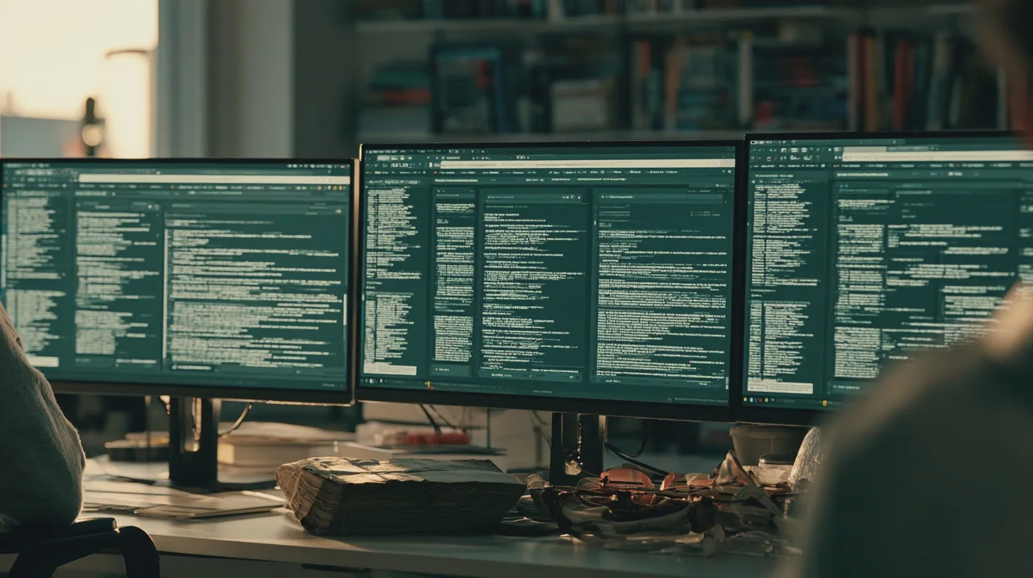 Tre datorskärmar visar programmeringskod vid en arbetsstation, med skrivbord, kablar och delvis synliga personer; programmering, utveckling, kodning, kontor, bildskärmar