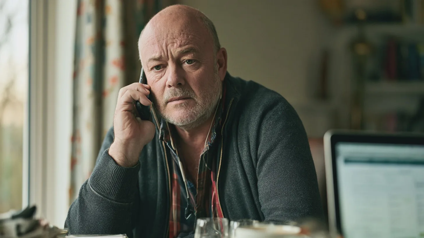 Äldre man talar i mobiltelefon inomhus vid ett bord, hemmiljö, telefonsamtal, man med smartphone, vardagssituation