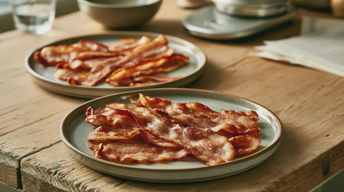 Knaprigt stekt bacon serveras på två tallrikar vid ett rustikt träbord, frukost, stekt fläsk, brunch, keramiska tallrikar