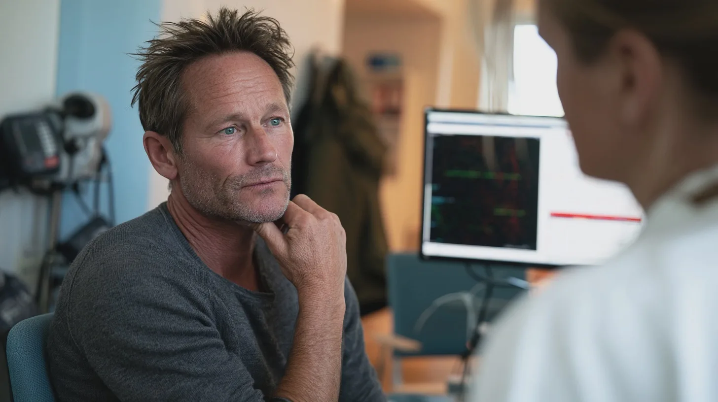 Man sitter i samtal med vårdpersonal på mottagning, medicinsk monitor i bakgrunden, läkarbesök, patientkonsultation, sjukvård, undersökning, klinik