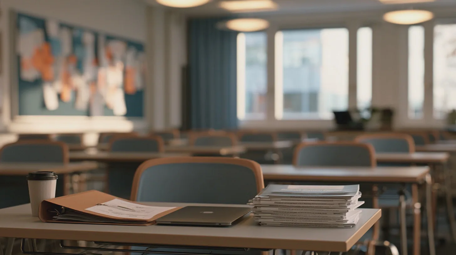 Samhälle: Klassrum, skolmaterial, dator, kaffekopp, studiearbete, organisation, lärande, utbildning.