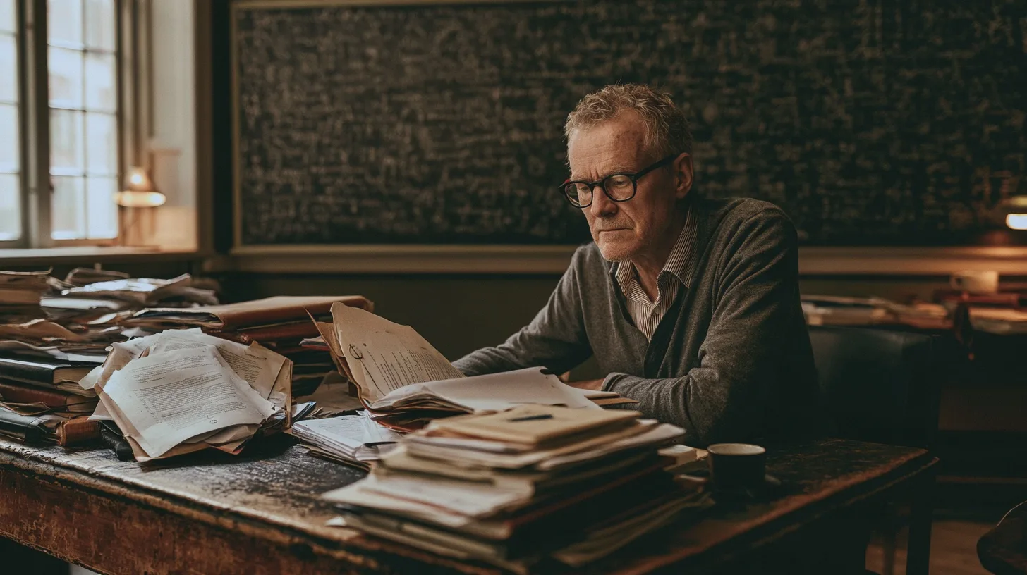 Person granskar dokument vid ett belamrat skrivbord i ett klassrum, arkivpapper, krittavla, historisk forskning, biblioteksmiljö