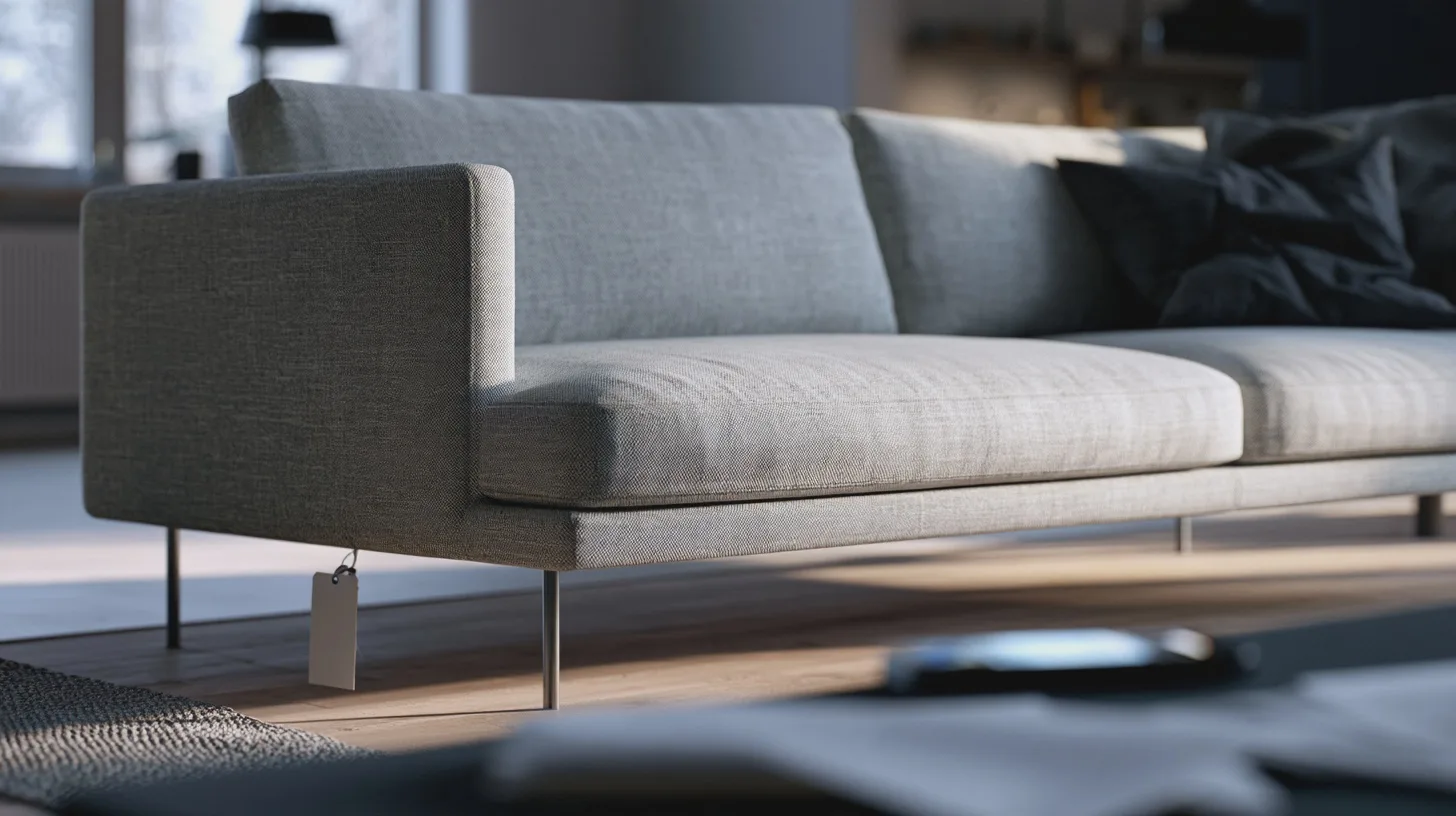 Modern grå tygsoffa med svarta kuddar i ett ljust vardagsrum, minimalistisk inredning, designsoffa, vardagsrumsmöbler, soffgrupp