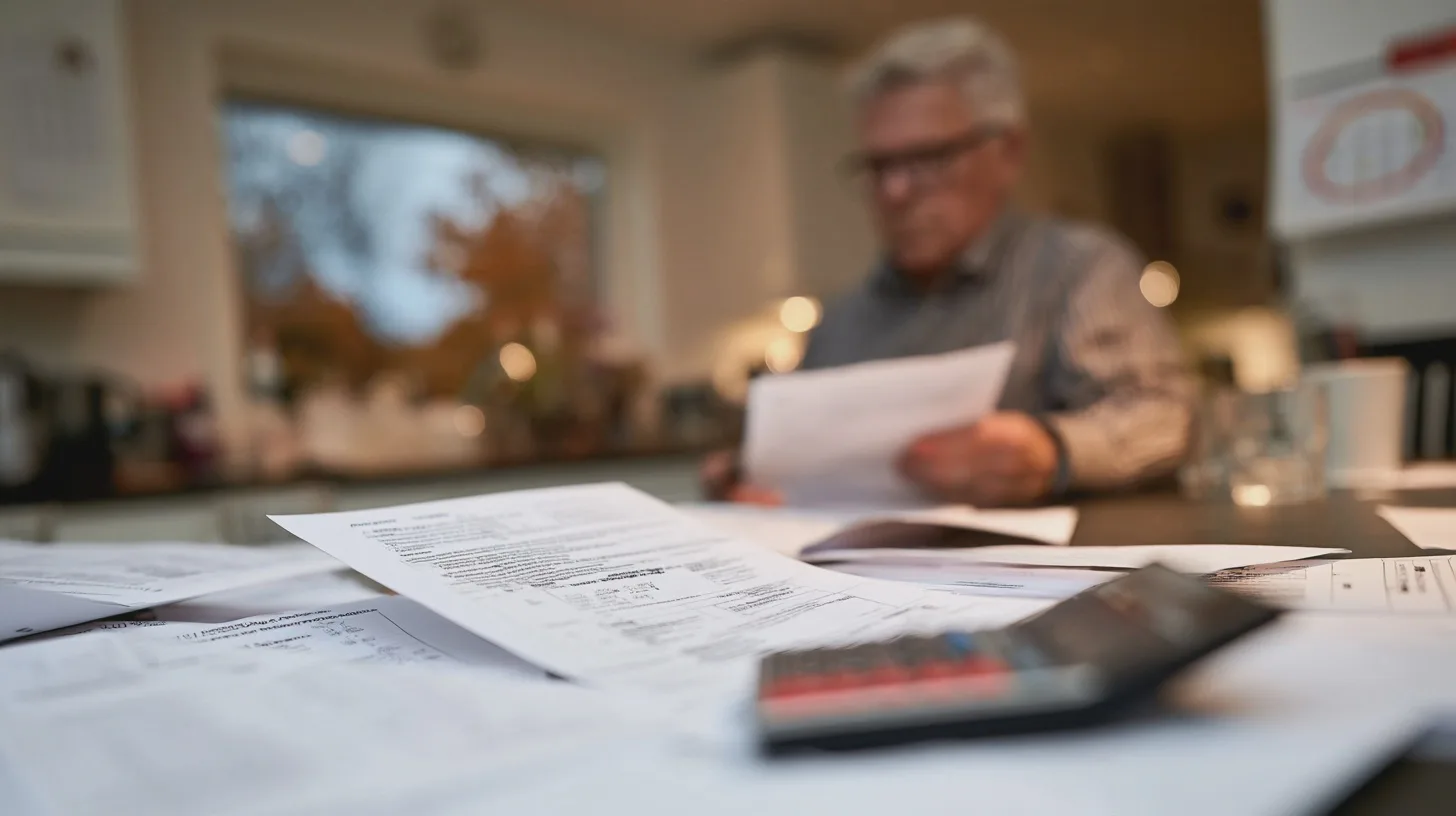 Person granskar dokument vid köksbord med miniräknare och papper framför sig, ekonomisk planering, räkningar, hushållsekonomi