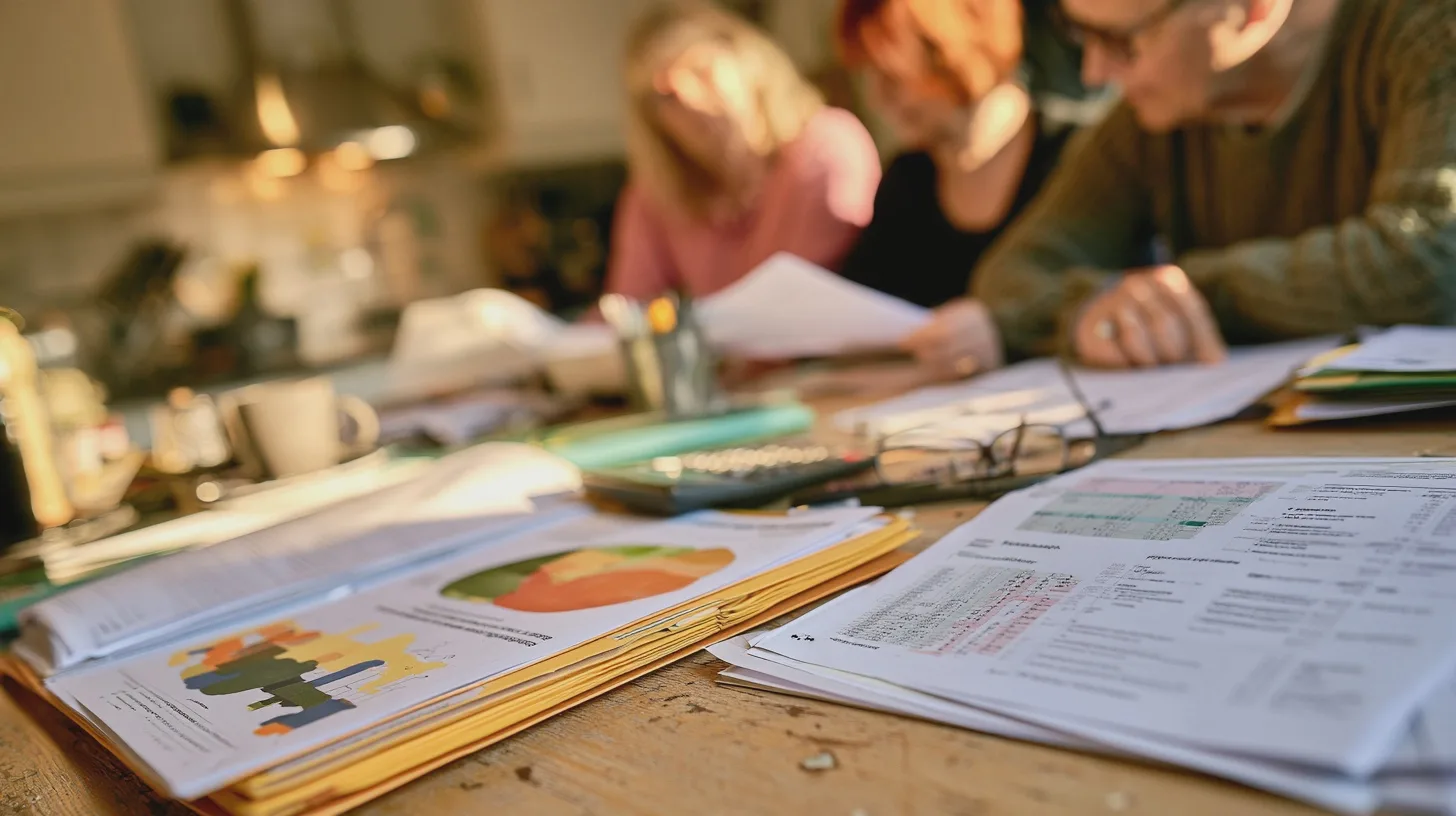 Flera personer granskar papper och dokument runt ett köksbord, familjeplanering, pappersarbete, glasögon, anteckningsmaterial, hemkontor