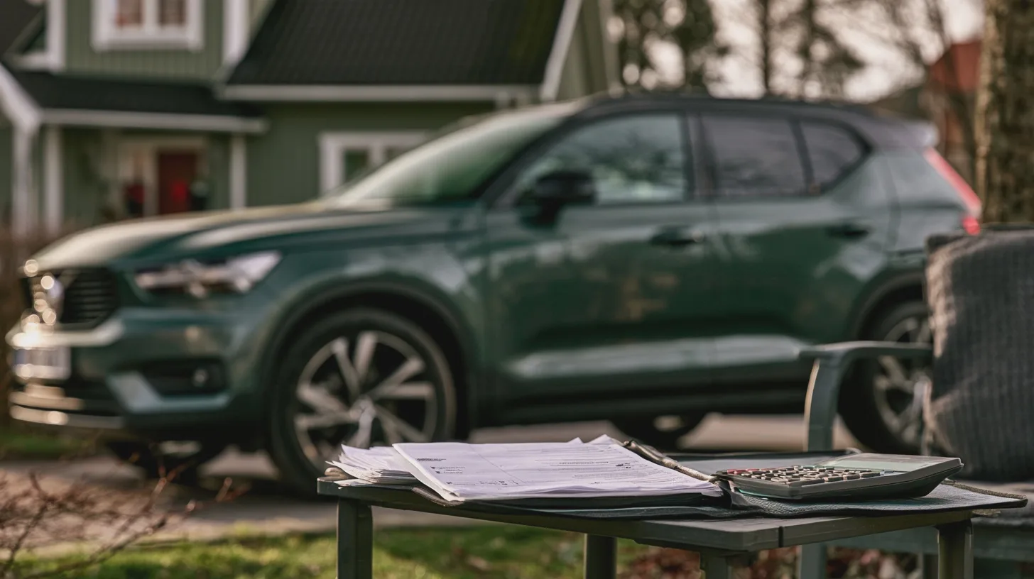 Grön SUV framför ett trähus, med dokument och miniräknare på ett utebord, bilägande, fordonskostnader, hushållsekonomi, bostadsmiljö