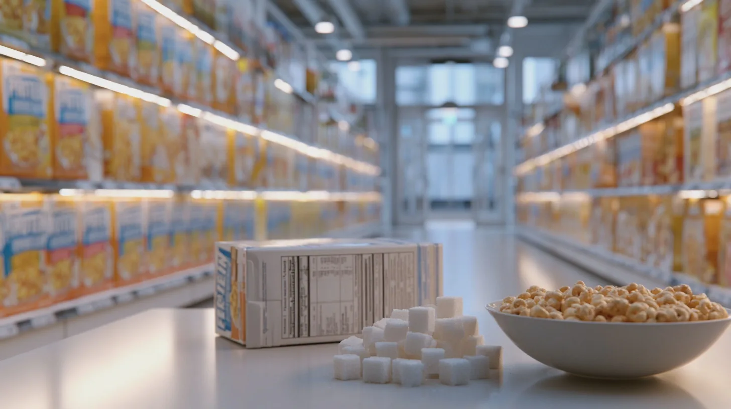 Frukostflingor i en skål med sockerbitar framför butikshyllor fyllda med flingpaket, mataffär, spannmålsprodukter, socker, frukost