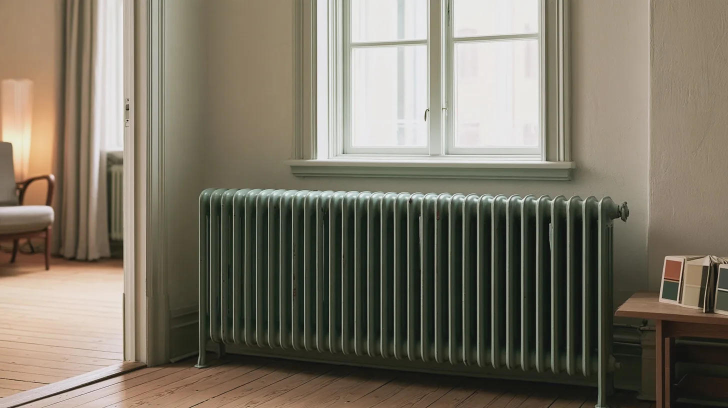 Gammalt grönt element under ett fönster i ljus interiör med trägolv och stol i angränsande rum, radiator, fönster, trägolv, bostadsinteriör