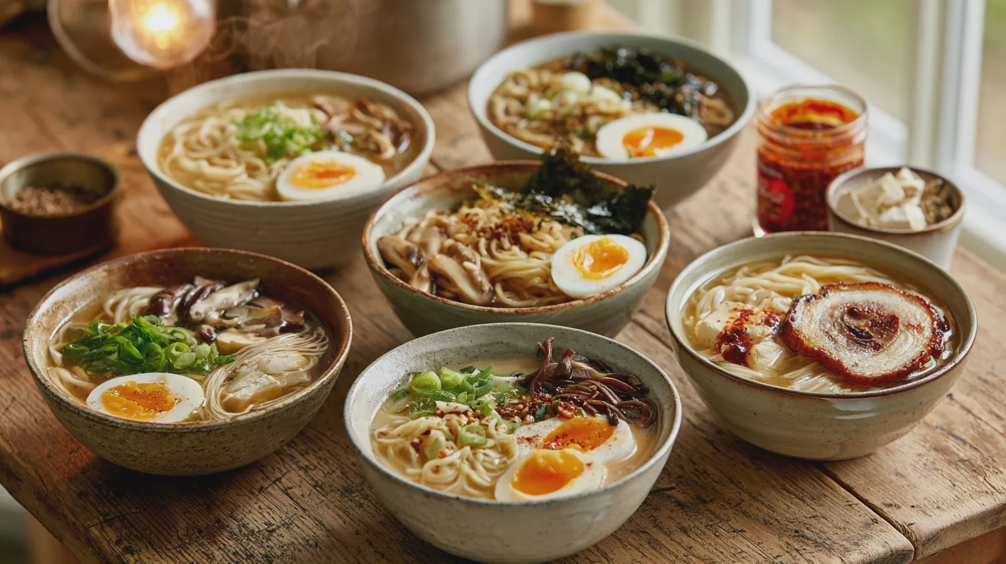Sex skålar ramen med nudlar, svamp, halverade ägg och salladslök på träbord, serverade med chiliolja och tillbehör, japansk nudelsoppa