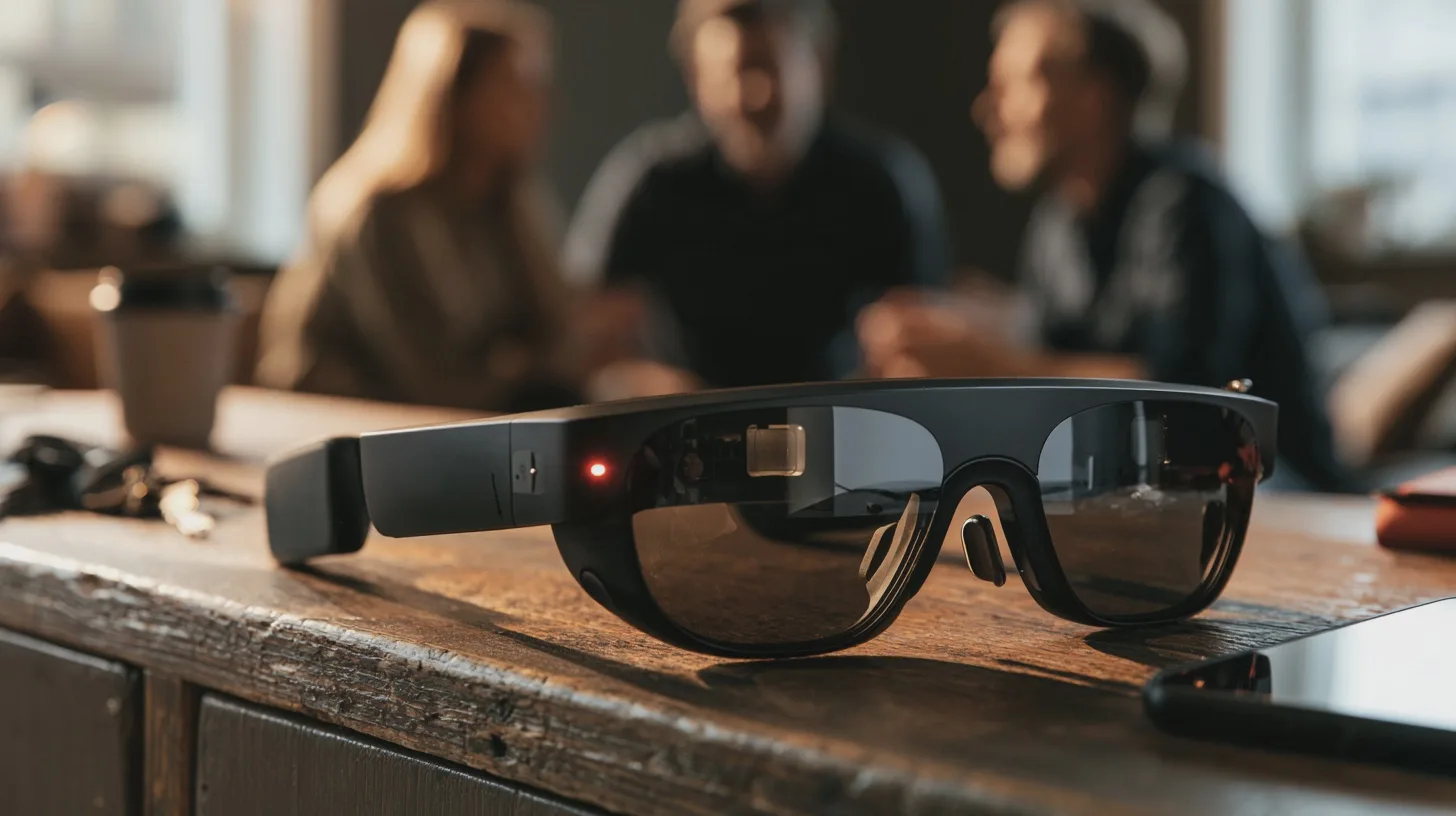 Smarta glasögon med mörka linser ligger på ett träbord framför en suddig grupp människor i samtal, augmented reality, teknikmöte, bärbar teknik