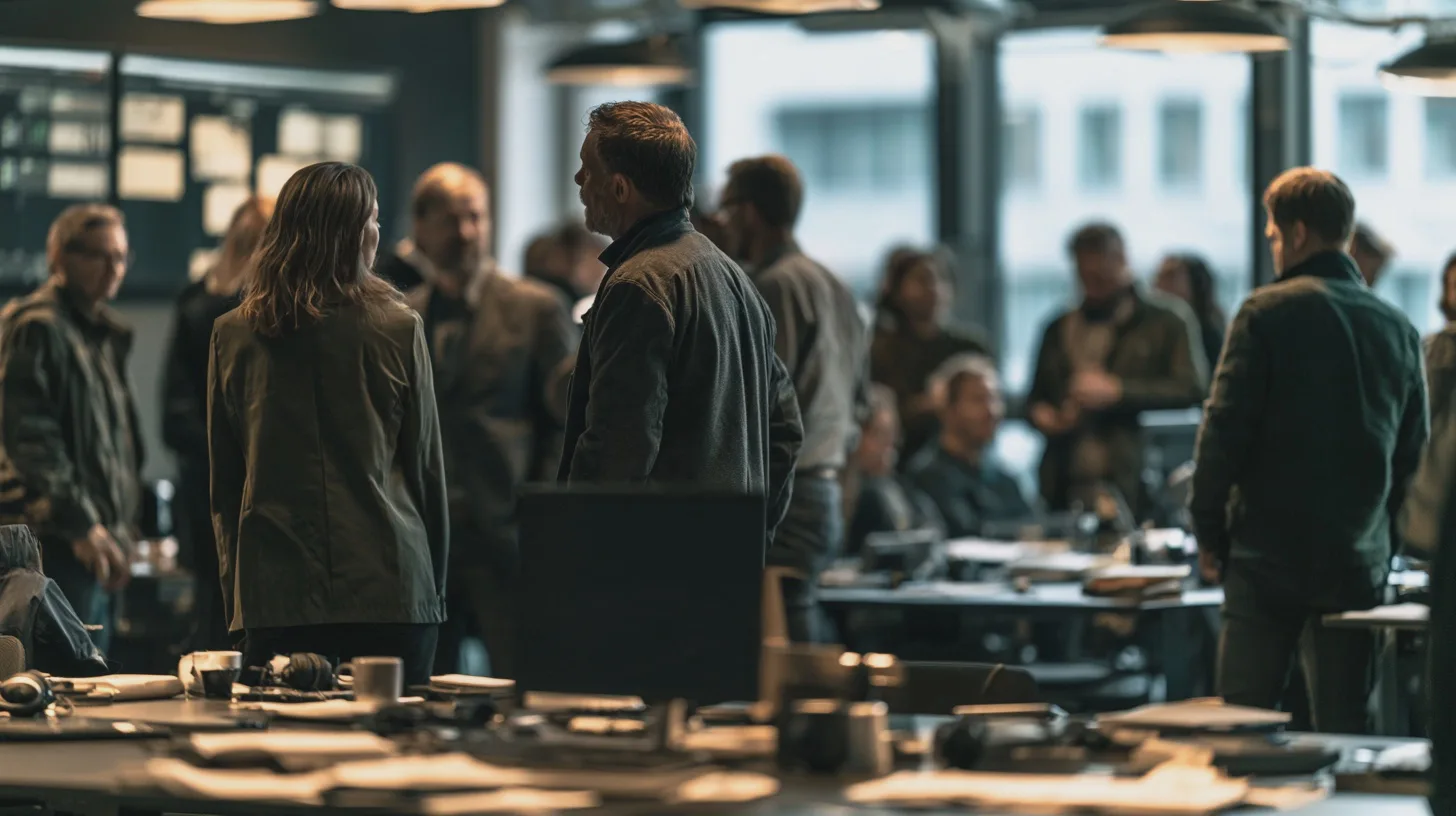 Människor samtalar i en livlig arbetsmiljö med bord, kaffekoppar och bärbara datorer, medan dagsljus strömmar in genom stora fönster, kontorsmöte, gruppdiskussion, coworkinglokal, arbetsplats