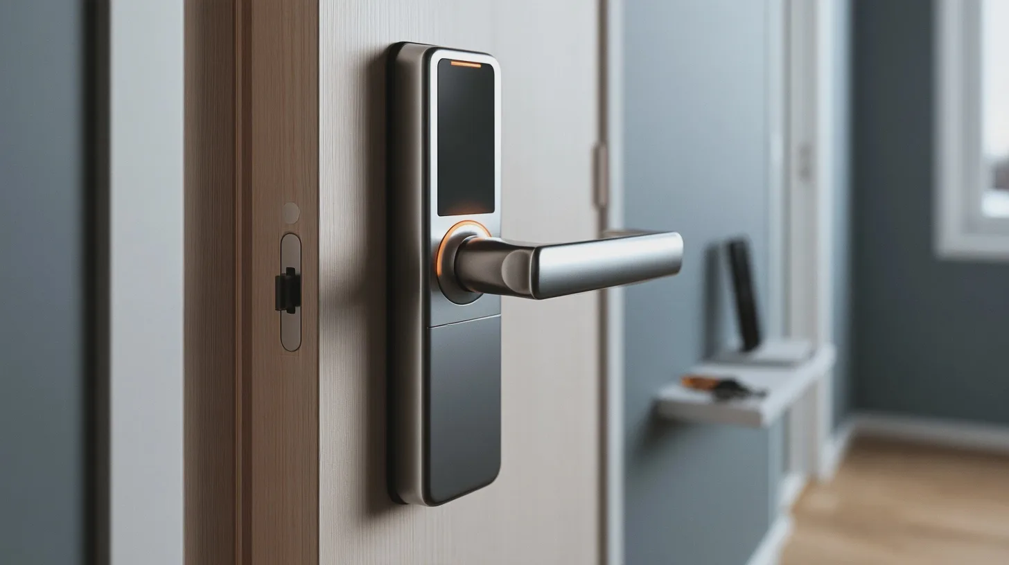 Närbild av ett modernt elektroniskt dörrlås med handtag på en innerdörr i ljus bostadsmiljö, smart lås, digitalt dörrlås, säkerhet, heminredning
