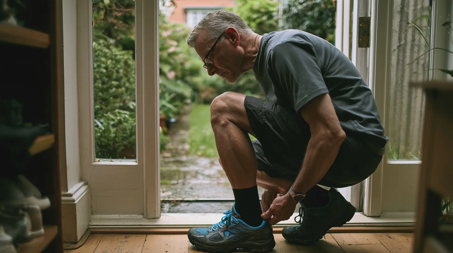 Äldre man knyter vandringsskor i en dörröppning, hemträning, trädgård, friluftsliv, sportskor, förberedelse för promenad